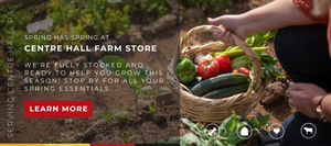 Person harvesting fresh vegetables into a woven basket in a garden, with promotional text for Centre Hall Farm Store highlighting spring essentials and a 'Learn More' button.